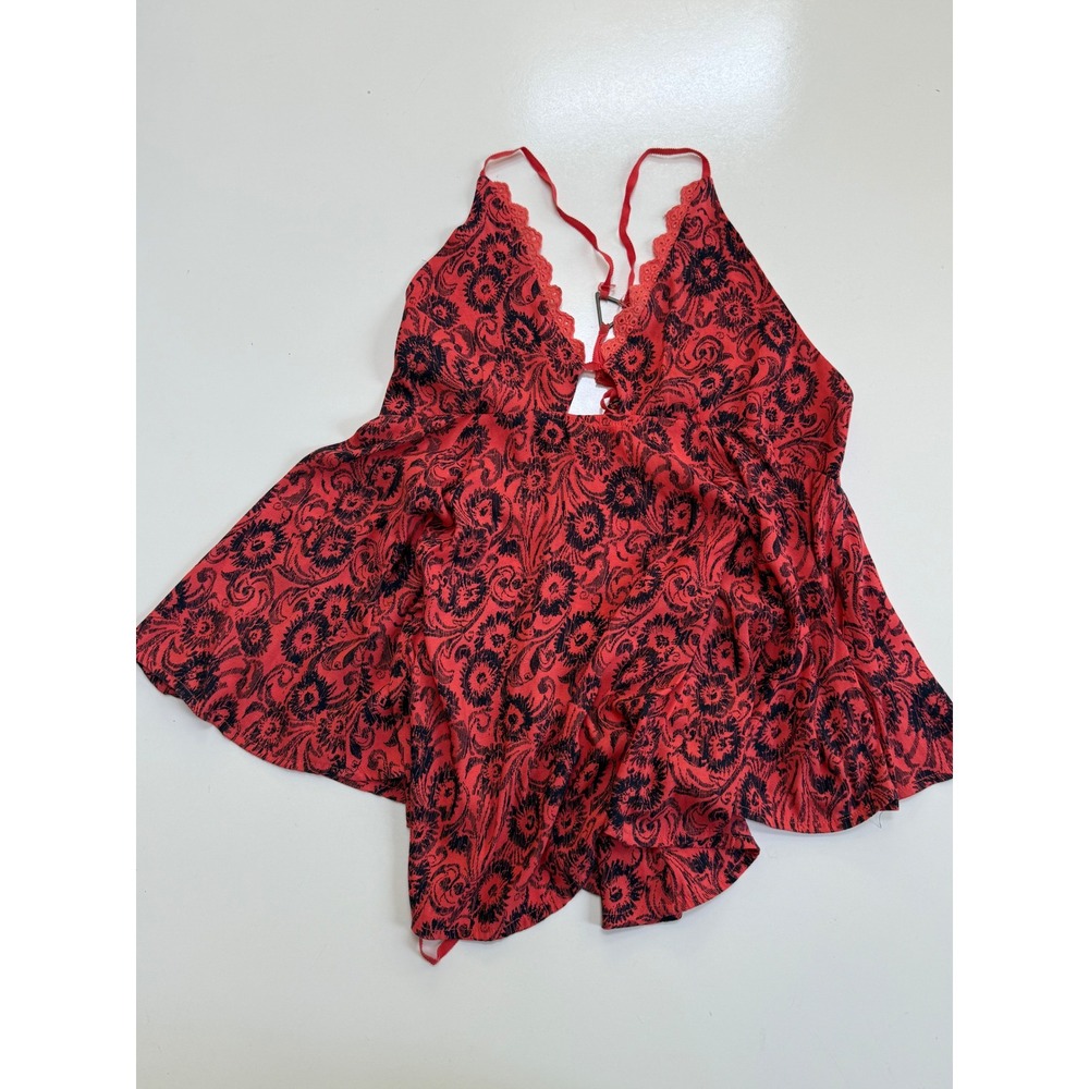 Free People Intimately Red Black Floral Paisley Lace Trim Babydoll Chemise XS